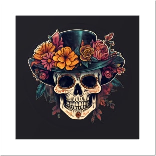 Floral Sugar Skull wearing Hat / Calavera de Azúcar Posters and Art